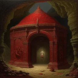 A maroon underground lava temple designed in Ica stones painted by John Atkinson Grimshaw