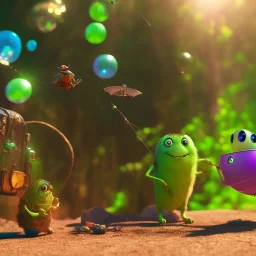 The hangman and the locust discussing the future of humanity on bubble world, art by Pixar and Dreamworks