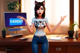 3D video game character, brunette woman with blue eyes in t-shirt with a cat head on it, blue jeans, standing happily shocked looking at a computer on a desk, there is a sign on the monitor "54000!!!" in an elegant modern room in sunshine