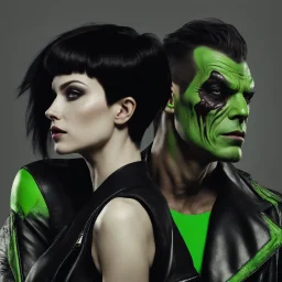 An extremely muscular young man who resembles an old, decomposing zombie with pixie-cut black hair, wearing a black leather jacket and pants, standing next to a beautiful woman with auburn hair who resembles the wicked witch of the west, wearing a black two-piece bathing suit with a perfect shaped, stacked body, and a perfect face, 4k, 8k, 32k UHD, Hyper realistic, extremely colorful, vibrant, photorealistic, realistic, sharp, highly detailed, professional quality, beautiful, awesome, majestic,