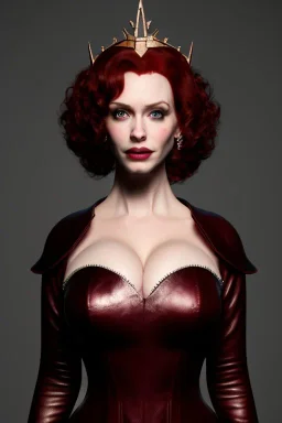 christina hendricks as evil queen in burgundy leather gown , angry, stern look, volumetric lighting, particales,highly detailed,cinematic, deep colours,8