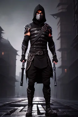 muscular ninja assassin, athletic build, wearing black and gray baggy pants with pockets, black hood and black balaclava mask, big boots, buckles, straps, daggers, dark hazel eyes, eyes are both in proportion and green, 3/4 look, standing, dark cobblestone alley, candle light behind head, intense, non photorealistic rendering in the art style of j.scott campbell