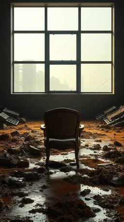 A chair rear view facing a wall with big window behind it a landscape covered in sulfur and sludge that looks futuristic with futuristic lighting, realistic rendering