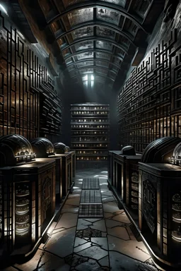 hidden archive in a underground metropolis that looks like a dark metallic hive
