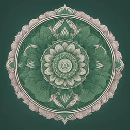 logo in a style of Mandala. Round. The logo depicts a mystical botanical motive. Thin lines. Ornament. Green