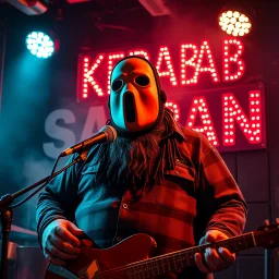 a very fat swedish man, with a mask with only a hole for the mouth, he is called "KEBAB MAN" performing at rock club, his name is "KEBAB MAN" kebab rolls On stage, kebab Neon lights and smog, and "KEBAB MAN" big sign on the wall, he singing with mic, text in swedish! no translate mr. stable ai, text in swedish! no translate mr. stable ai, text in swedish! no translate mr. stable ai