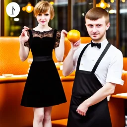 Russian guy young wife boyish boylike short man's haircut men's face boyish features in black girlish lacy cocktail dress as mother in restaurant