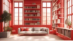 Modern red library interior with sunlight. Decor and desing concept. 3D Rendering