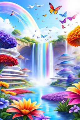 colors, very beautiful, flowers garden,rainbow, cité très futuriste ultra moderne, ufos rainbow, ufos fleet, intergalactic, birds, butterfly, cascades, falls