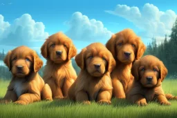 digital gouache matte painting, volumetric nature environment, organic, (( cute ( irish setter puppies and golden retriever puppies ) playing together )), close-up portrait, elegant, intricate, realistic shaded volumetric lighting, volumetric clouds, concept art, detailed eyes, illustration, 8k, uhd, hires, backlight, centered camera view, vitality colors, ambient occlusion, sunlight caustics, design and art by sam curry