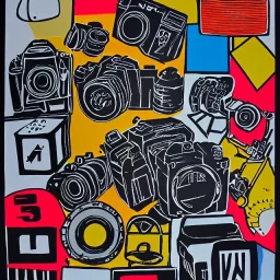 elements of photographic equipment. poster graphics. high detailed. acrylic painting and ink.