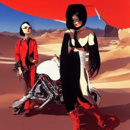 Peinture d'une femme asiatique aux cheveux noirs coupé au carré qui porte une veste en cuir rouge dans un désert. Il y a un véhicule futuriste derrière elle par Syd Mead