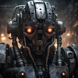 a close up portrait of an evil combat robot. photorealistic. lots of greebling; little hoses, lights, and weapon systems. chaos space marine meets the matrix meets the Borg. the lighting should be dark. it's approaching you in the shadows of a dark spaceship corridor. it's battle damaged. some burn marks and bullet holes. incredibly ominous.