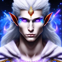 cosmic mage, elf, male, battle mage, cosmic sword, epic, cosmic magic, staff, long ears, white hair, face details, odd-eyes, dark skin, detailed eyes, jewellery