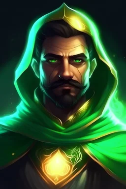 رجل عربي يرتدي عمامه خضراء عربية يرتدي عبائة ودرع حرب وجهه جميل حوله نور ساطع
