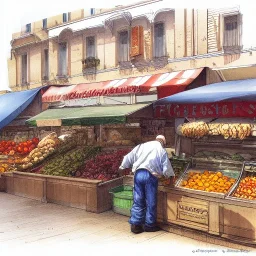 Fishmonger and Greengrocer in Italian city,Citymarket,sunny day,Book illustration by Jean Baptiste Monge,strong lines,high contrast vibrant colors,highly detailed,croquis illustration