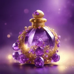 Golden round perfume bottle with purple crystal cap and small purple decorations. Illustrative art, art interpretation, concept art, cgsociety contest winner, seasonal art, seasonal art HD, 4k, 8k, intricate, detailed, intricately detailed, luminous, translucent fantasy crystal, holographic data, soft body, shadow play, light, fog, atmospheric, cinematic, light film, hyper-detailed, hyper-realistic, masterpiece, atmospheric, high resolution, 8k, HDR, 500px, mysterious and artistic digital art, p