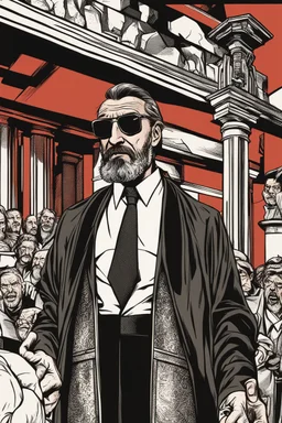 strange priest wearing sunglasses who looks like Hans Gruber with a judgmental look on his face comic book style