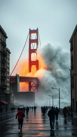 A high wave tsunami attack San Francisco Golden Gate Bridge and the building around in a tragic horrific scene , people are running scared