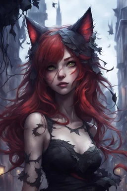 CAT GIRL, FANTASY, VINES, SOULLESS, FLUFFY TAIL, RED HAIR, TORN CITY