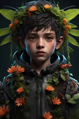 Expressively detailed and intricate 3d rendering of a hyperrealistic: boy, cyberpunk plants and flowers, neon, vines, flying insect, front view, dripping colorful paint, tribalism, gothic, shamanism, cosmic fractals, dystopian, dendritic, artstation: award-winning: professional portrait: atmospheric: commanding: fantastical: clarity: 16k: ultra quality: striking: brilliance: stunning colors: amazing depth