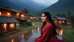 (Photographic View) The image should depict a serene evening scene of a traditional Pakistani village at beautiful dark heavy rainy night, featuring a (closeup face view of a) young happy woman (with beautiful long black hair) whirling wearing a navy-blue checkered dress with red embroidery, surrounded by rustic houses, thick trees & breathtaking mountain landscapes, bathed in soft golden light & dramatic hues of orange, pink, & purple.