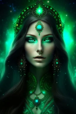 Galactic beautiful woman empress of sky deep green eyed longhaired
