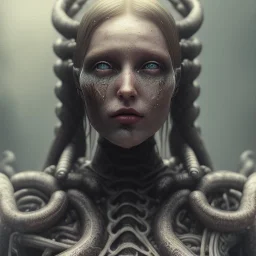 A viking girl as a liquid fluid, hr giger, scary, steam punk, realistic, made in octane, cinematic, ultra-realistic, extremely detailed octane rendering, 8K, VRAY Super Real ar 2:3, dof photorealistic futuristic 50mm lens hard lighting dark gray tintype photograph, realistic lighting, sepia color