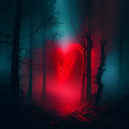 red fog in the forest at night with an electric heart