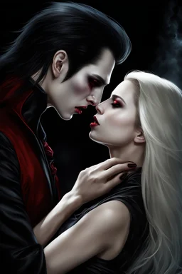 male vampire biting the neck of a young woman, dark fantasy, photorealistic