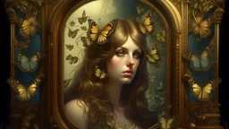 Hypnotic portrait of a woman with hair transforming into golden butterflies, antique wooden frame alive with flowering vines, room where shadows have their own color, art nouveau mirror showing past and future simultaneously, wall clock marking impossible hours, books gently floating, patterned wallpaper coming to life, García Márquez magical realism style