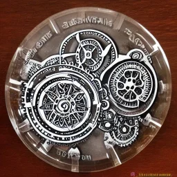 coaster featuring cogs and gears, fine pen illustration