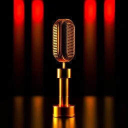 An image featuring a stunning golden microphone illuminated by soft spotlighting. The microphone stands on a sleek stand, exuding an air of elegance and significance. The golden hue catches the light, adding a touch of glamour to the scene. This image prompts thoughts of prestigious events, captivating performances, and the art of expression through voice.