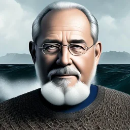 award winning portrait photo of an older male medieval grizzled sailor in a knitted sweater with wrinkles on face, ocean, waves, mountain cliffside with breaking waves, stormy, sinister, evil, (backlighting:1.3), digital painting, concept art, smooth, sharp focus, rule of thirds, dark fantasy,intricate details, medium shot