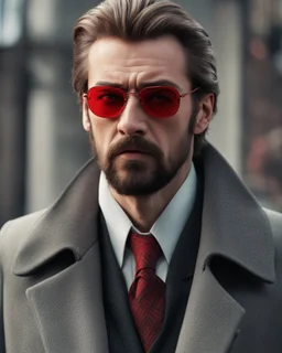 a young man who looks like hans gruber wearing a heavy coat and red sunglasses staring with an irritated look on his face