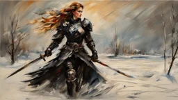 a warrior woman in black armor on the background of a cold snow-covered country, ice and crystal, frost and snow, oil and pastel, by Leonid Afremov & William Kentridge & Anna Razumovskaya