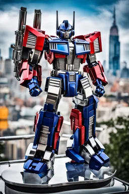 Photography A picture cyber mechines transformer Optimus prime ,with surface coated chrome polished details, city background