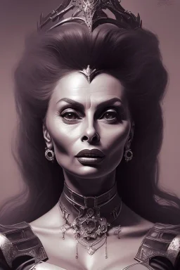 Sophia Loren as evil queen in black leather, cleavage, angry, stern look. character design by cory loftis, fenghua zhong, ryohei hase, ismail inceoglu and ruan jia. unreal engine 5, artistic lighting, highly detailed, photorealistic, fantasy