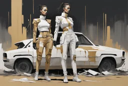 ((3)) determined cyberpunk women (wearing white khiton:2) standing in front of a car wreck, acrylic painting, minimal art, centered, wild sparse brushstrokes, amazing verticals, great parallels, low bleak colors of gold, beige and black, excellent negative space contrasts