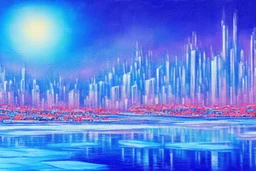 Futuristic city, frozen lake, impressionism painting