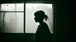 a blurred silhouette of a person leaving through a dirty, steamy window, side view, fuzzy polaroid photograph, vintage, grimes, sectioned, distress, connectedness, synaesthesia, unconnected, tonalism, duotone