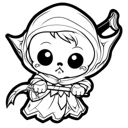 create a 2d black outline, "cute kawaii baby death with a scythe coloring book for kids", coloring page, low details design, black contour, coloring page design, simple background, colorful , card style, coloring page for kids, white background, sketch style,