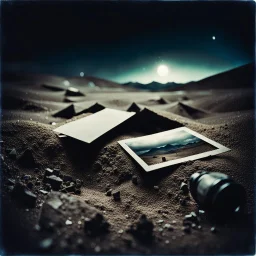 Photograph, tiltshift, polaroid, odd objects scattered over a wasteland, powder, night, pltic tarlin, hs23, nightmare, cfd4b, minimalist, details of the terrain very accentuated, 8k, deep 3d field, sharp, eerily mysterious, artistic photo, large format film, medium format film, details of the odd objects very accentuated