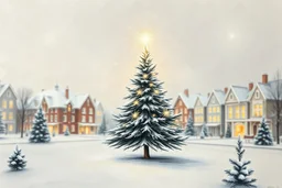 A delicate Christmas tree radiates a warm and soft glow above the beautiful snowy square. A delicate pencil drawing with a dreamlike and slightly diffused effect. It projects a joyful light that dances across the artwork. The background, a hazy Christmas village behind the serene tree, features a gradation of colors from light to dark, highlighting the captivating charm of the image and creating a tranquil, zen-like, and nostalgic atmosphere. Painted with tactile brushstrokes of charcoal gray, i