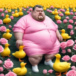 A fat, furry man wearing a Balenciaga dress is sitting in a field of pink roses next to yellow plastic ducks and eating ice cream.