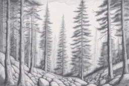 Norwegian forest, woodland- Pencil drawing, illustrative, graphite, crosshatching, blending