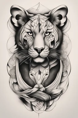 Create a captivating modern 2d ink tattoo design for print , prestigious Divine Panter using the elegant influences of japan art style, for print, dynamic elements from fashion and design, and bold Japanese contemporary art aesthetics, framing centered in the center, distanced from the edges of the paper perimeter, perfect anatomy, bauhaus, Divine Proportion,