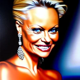 Ultra detailed fullbody Portrait in oil on canvas of Pamela Anderson ,extremely detailed digital painting, extremely detailed face, crystal clear eyes, mystical colors ,perfectly centered image, perfect composition, rim light, beautiful lighting,masterpiece ,16k, stunning scene, raytracing, anatomically correct, in the style of Simon Bisley and uncannyknack and caravaggio and Seung Eun Kim and Steve Jung Jeehyung Lee.