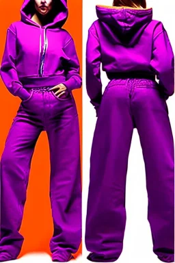 year 1999 women fashion, Techno, rave, Loose, straight, suit, low waist light trousers, t-shirt, new kind of hoodie with high tippet, which goes down along zipper! Colors: all denim colors, purple, khaki, lilac, plum, orange, terracotta, red, pink, dark blue, beige. Patterns: lynx, balls, stripes. lynx belt. starling or owl prints. Women models. Missy Elliot, Sandra Bullock, Milla Jovovich, Big tennis shoes on. Latex, denim and leather e.g. in Leg warmers.