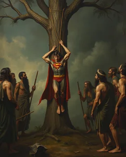 Bosch painting style ,nightmare, a group of people from the Stone Age gathering around a Superman and tied him on a tree